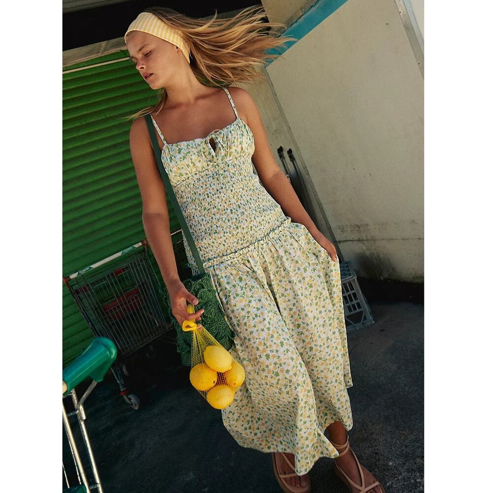 New FREE PEOPLE Lavender Daze Dress Smock Midi $128 Sz S Green Floral Boho